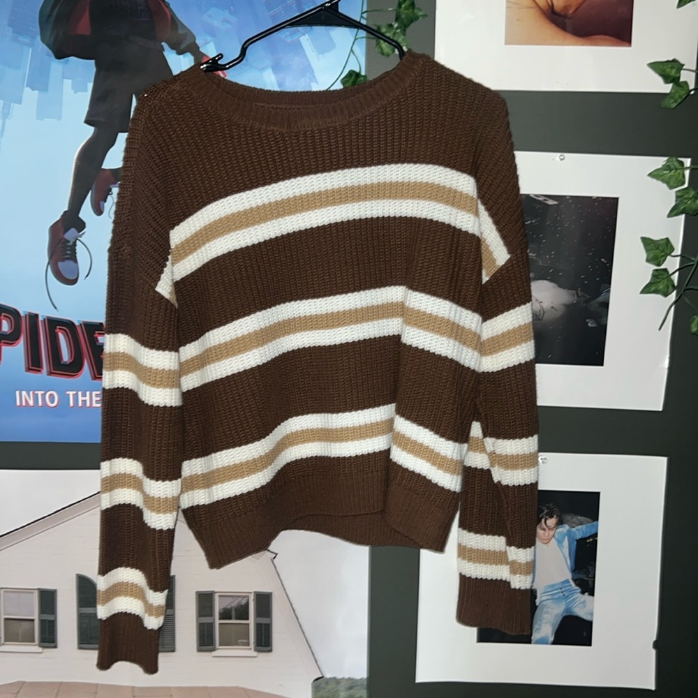 Brown and Beige Striped Cropped Sweater!🤎🤍💛